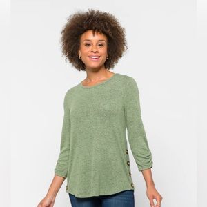 Smile Button Ruched Sleeve Knit Top